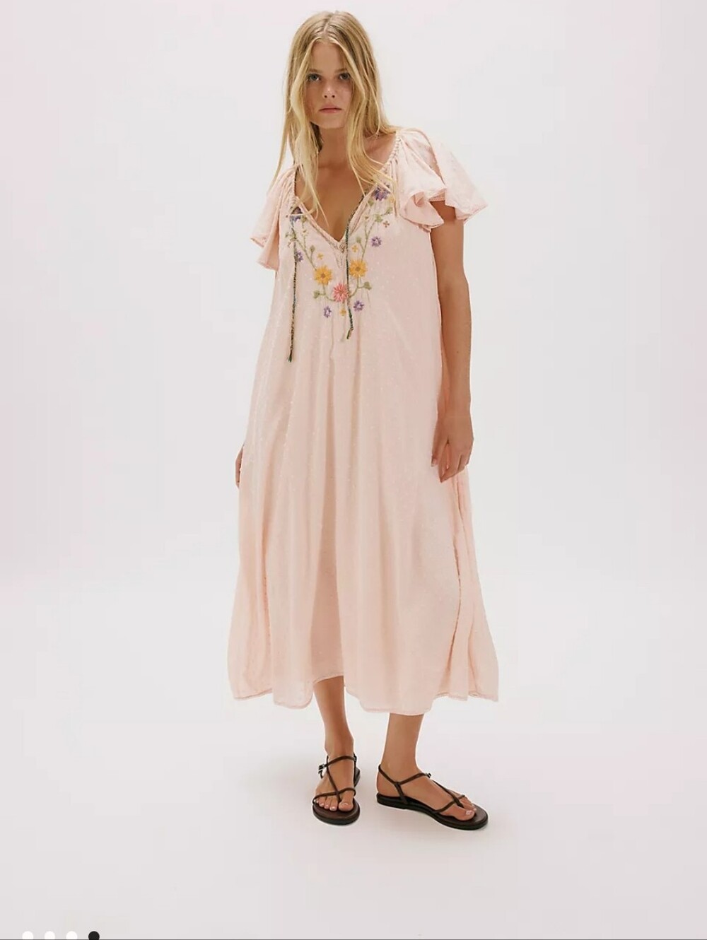 Free People Pale Blush Embroidered V-Neck Midi Dress